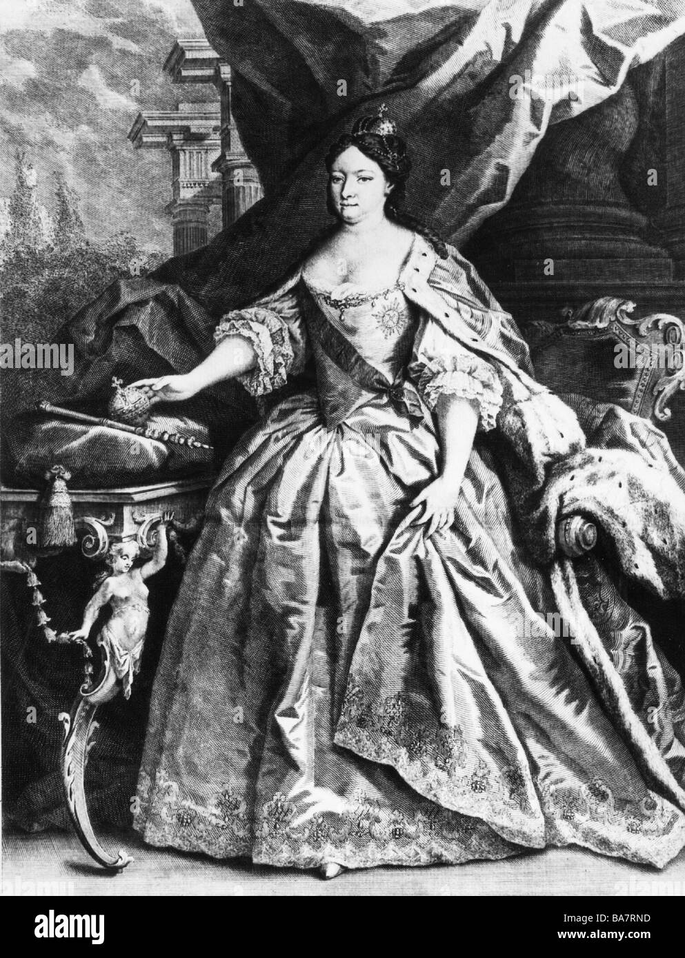 Anna Ivanovna, 25.1.1693 - 28.10.1740, Empress of Russia 25.2.1730 - 28.10.1740, full length, copper engraving by Joseph Wagner after painting by Jacopo Amigoni (circa 1682 - 1752), Artist's Copyright has not to be cleared Stock Photo