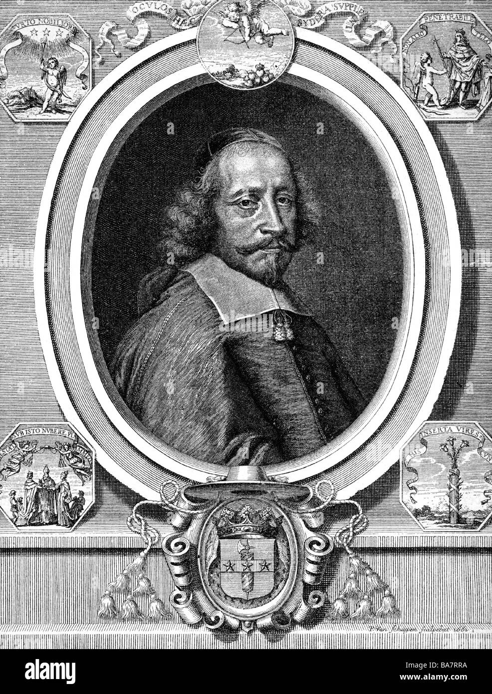 Mazarin, Jules, 14.7.1602 - 9.3.1661, French politician, cardinal 1641, head minister 1643 - 1661, portrait in frame, copper engraving by Pieter van Schuppen, after painting by Pierre Mignnard, 17th century, Artist's Copyright has not to be cleared Stock Photo