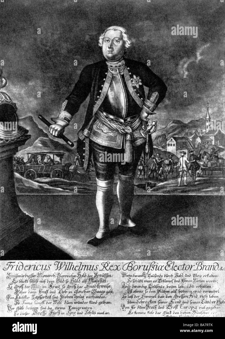 Frederick William I, 15.8.1688 - 31.5.1740, King in Prussia 25.2.1713 - 31.5.1740, full length, mezzotint, circa 1733, , Stock Photo