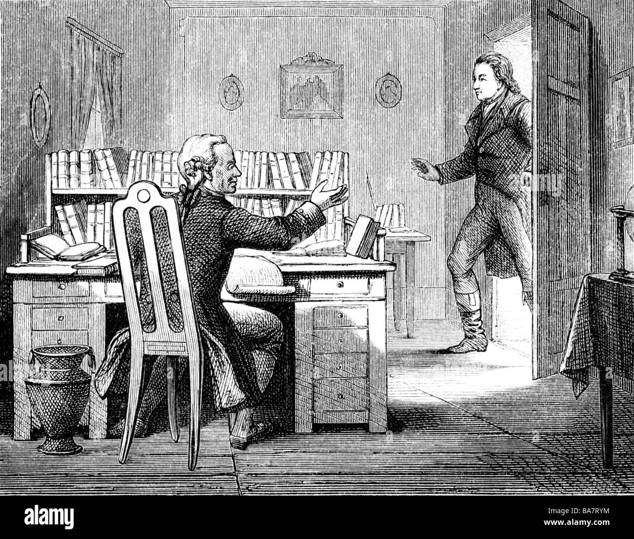 Fichte, Johann Gottlieb, 19.5.1762 - 29.1.1814, German philosopher, half length, visiting Immanuel Kant, Koenigsberg 1792, later made wood engraving, 19th century, Stock Photo