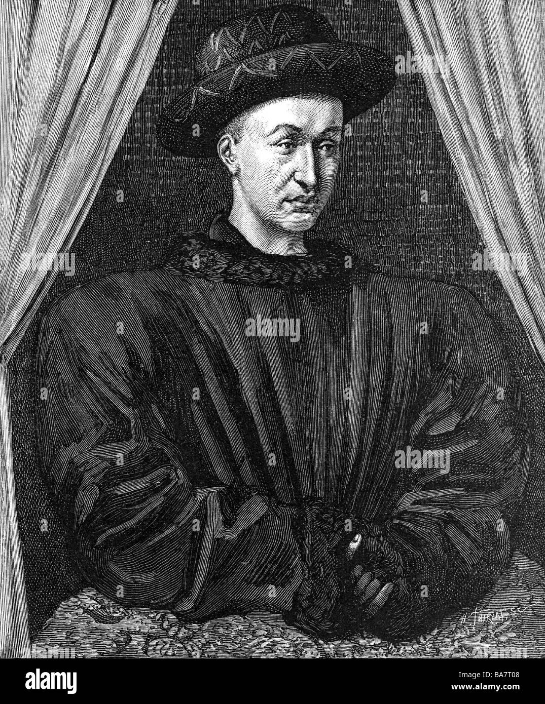 Charles VII 'the Victorious', 22.2.1403 - 22.7.1461, King of France 1422 - 1461, half length, wood engraving after contemporary painting, Stock Photo
