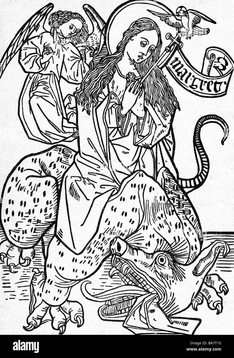 Margaret of Antioch, Saint, circa 300 AD, martyr and virgin, full length, riding on a dragon, woodcut, 14th century, Stock Photo
