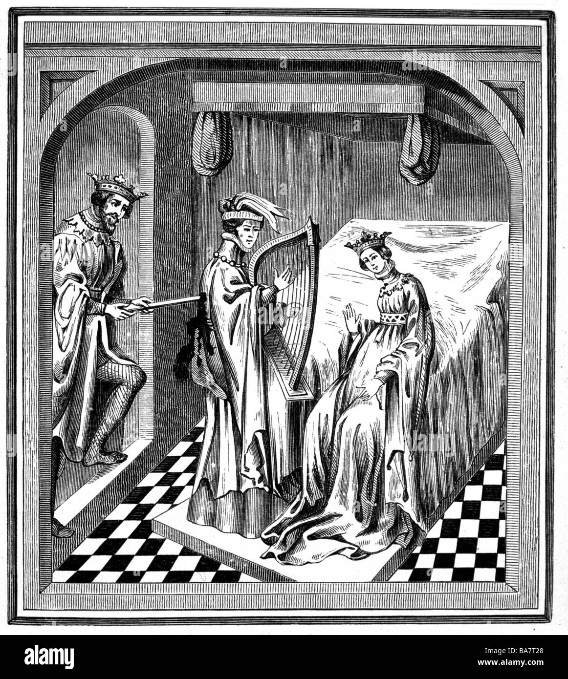 Tristan, mythical figure, scene, King Marke stabbing Tristan at Iseult's bed, wood engraving, 19th century, after miniature, 15th century, Stock Photo