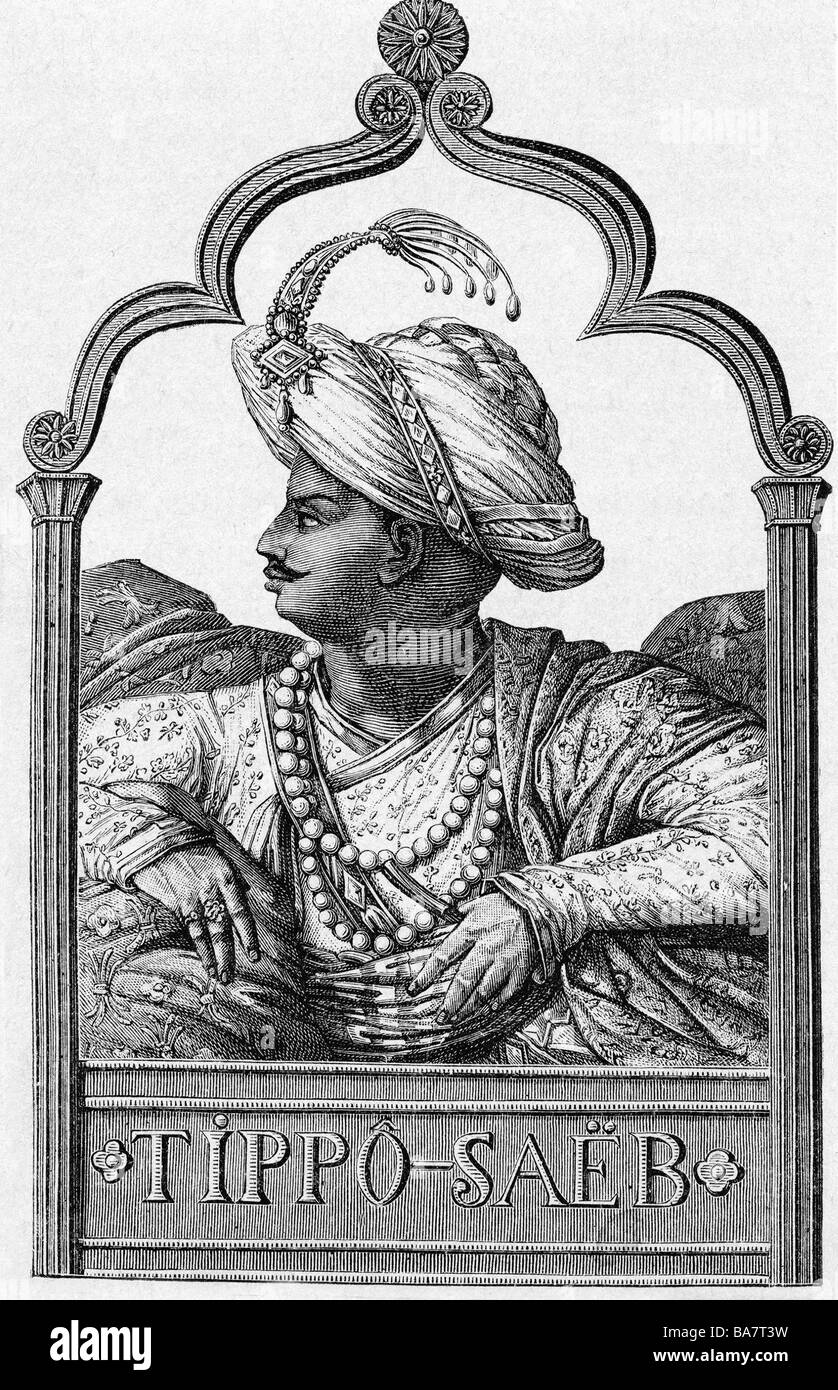 Tippu, 1751 - 4.5.1799, Sultan von Mysore 10.12.1782 - 4.5.1799, portrait, engraving by Favart, , Stock Photo
