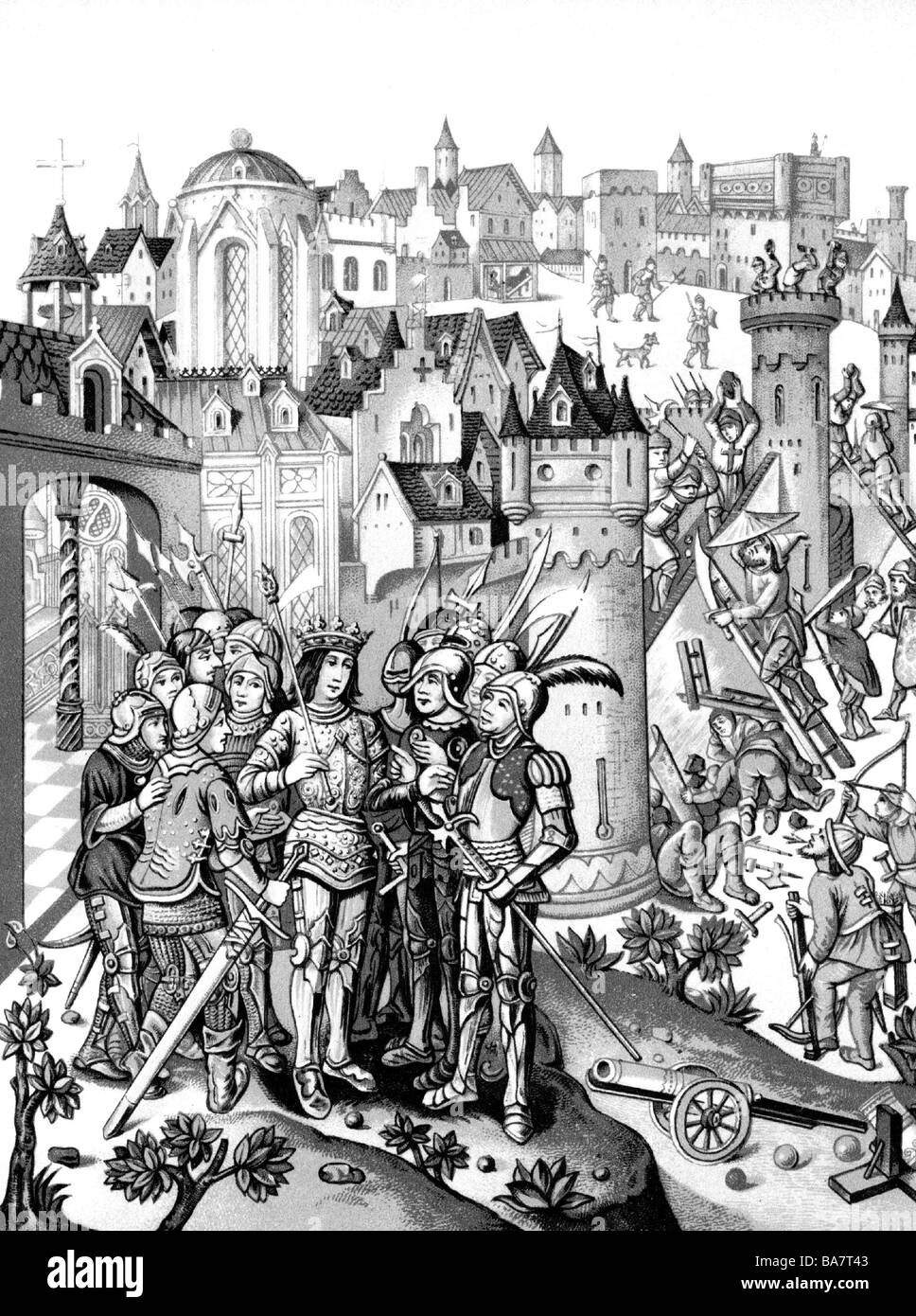 Charles VI 'the Mad', 3.12.1368 - 21.10.1422, King of France 1380 - 1422, besieging a town defended by the Burgundians, chromolithograph after miniature from the 'Chroniques' by Monstrelet, circa 1500, Bibliotheque Ambroise Firmin-Didot, Stock Photo