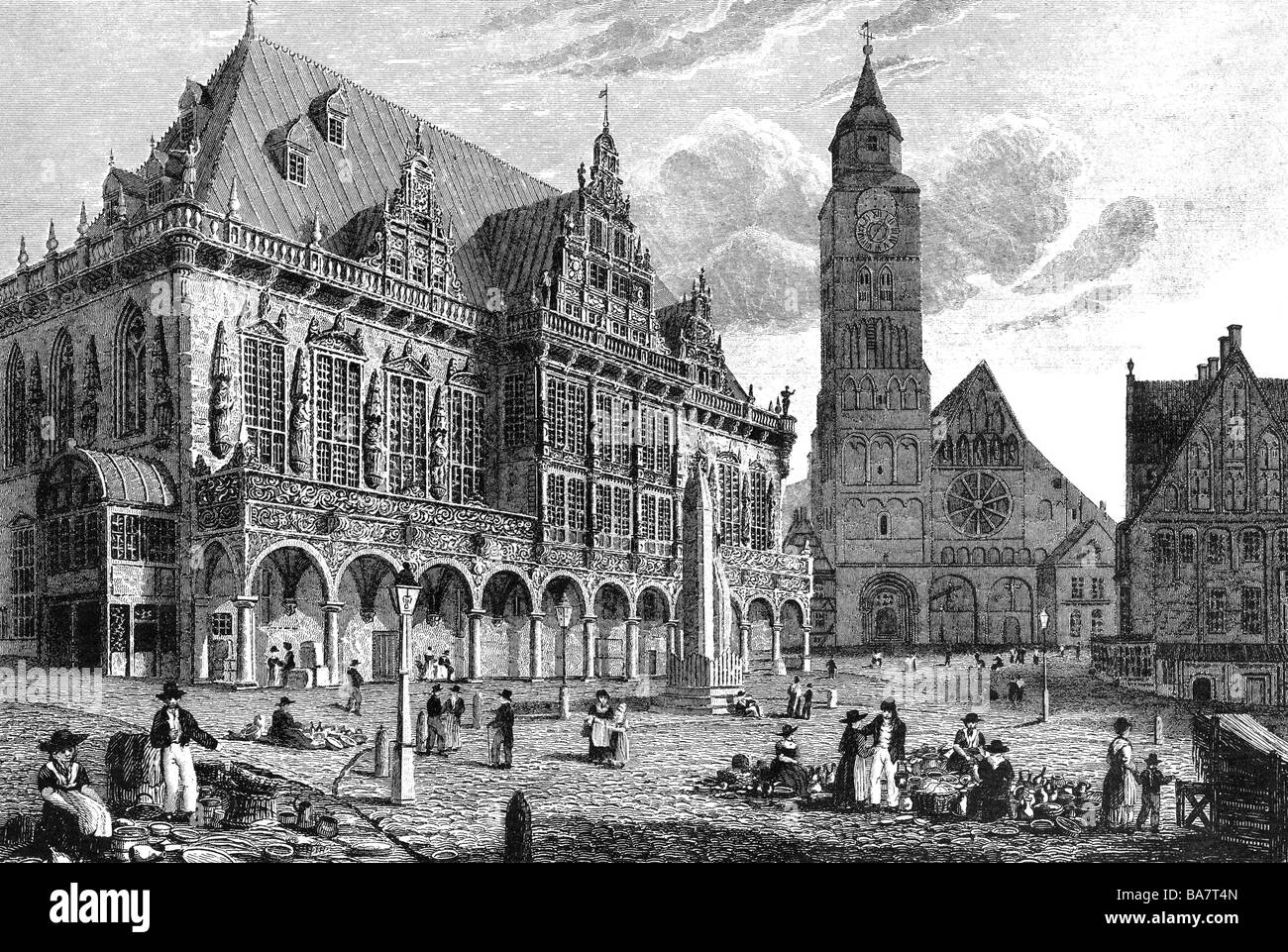 geography / travel, Germany, Bremen, Town Hall, exterior view, woodengravin by J. Godden after drawing by Captain Batty, early 19th century, Rathaus, Church, Cathedral, market place, historic, historical, UNESCO World Cultural Heritage Site / Sites, people, Stock Photo