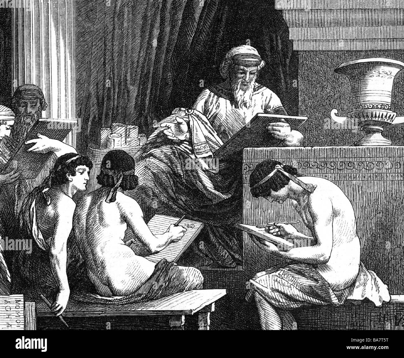 Solon, circa 640 - circa 560 BC, Athenian lawmaker, with his students, wood engraving after drawing by Hermann Vogel, 19th century, Stock Photo