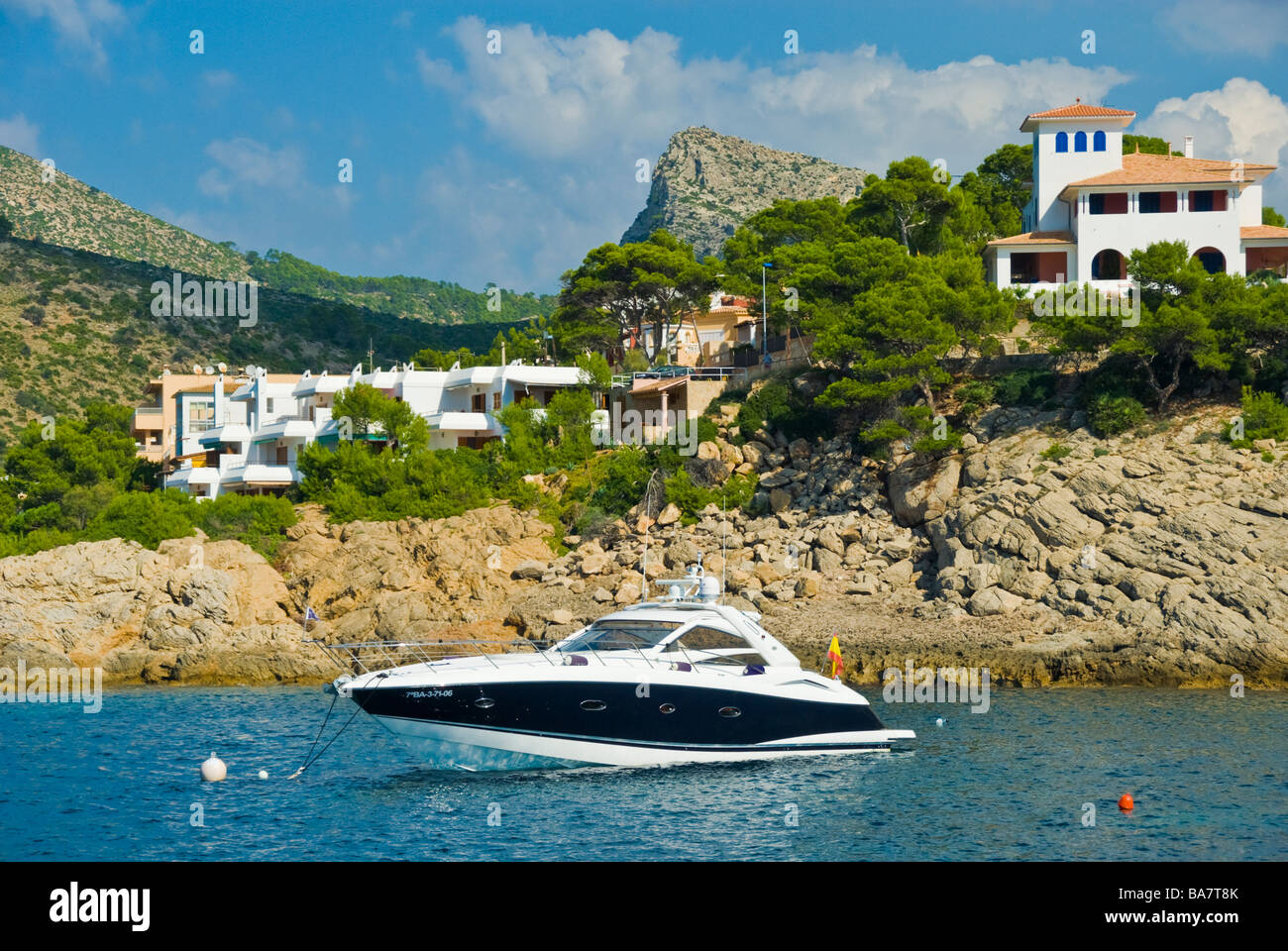 Yacht anchoring in front of Sant Elm Majorca Baleares Spain | Yacht ankert vor Sant Elm Mallorca Balearen Spanien Stock Photo