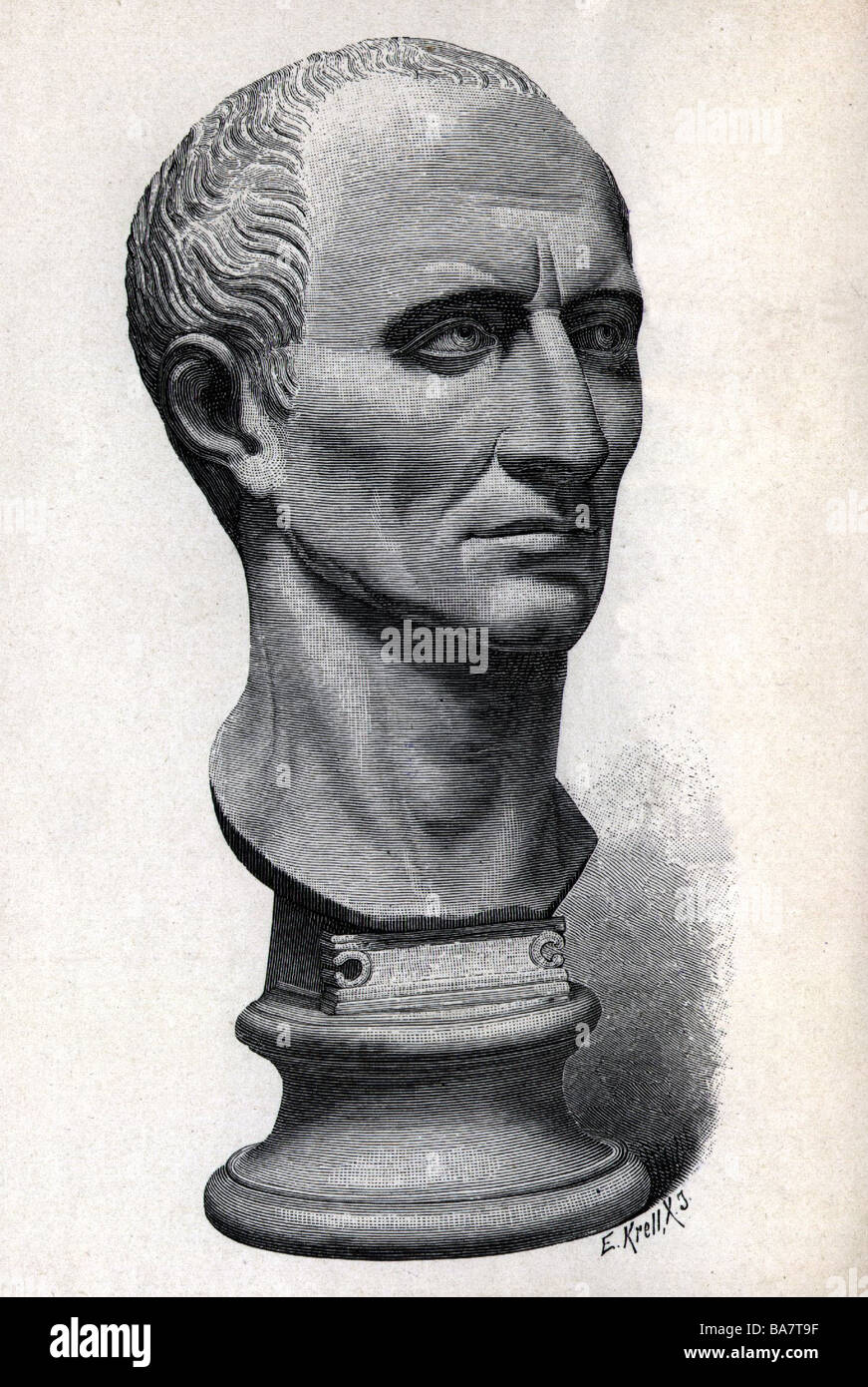 Caesar, Gaius Julius, 13.7.100 - 15.3.44 BC, portrait, wood engraving by E. Krell after ancient bust, 19th century, British Museum London,  , Stock Photo