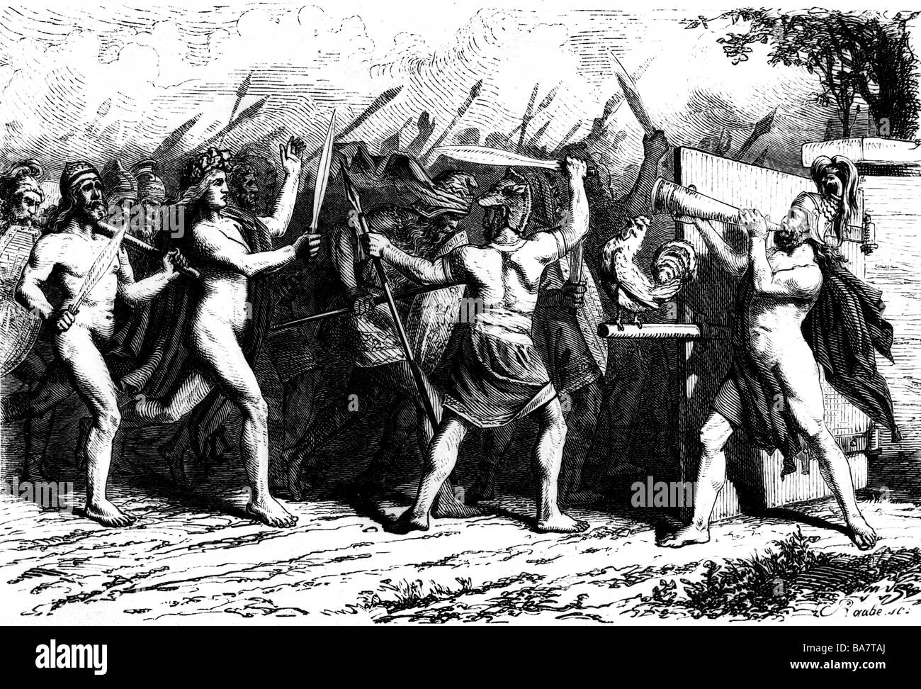 ancient world, Germanic Peoples, religion, god Heimdall calling the warriors, wood engraving by Raabe, 19th century, antiquity, deity, Nordic Mythology, historic, historical, ancient world, people, Stock Photo