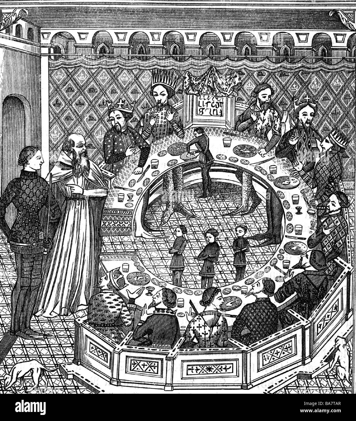 Arthur, legendary British King, circa 500 AD, at the Round Table, wood engraving, 19th century, after miniature, 14th century, Stock Photo