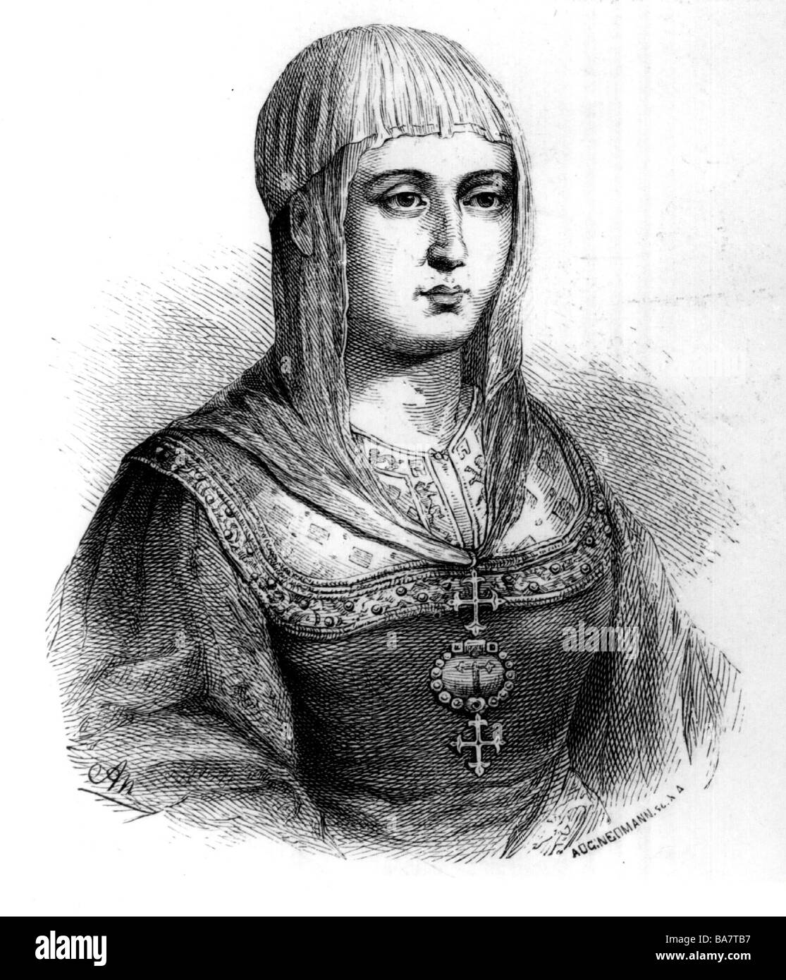 Isabella I, 22.4.1451 - 26.11.1504, Queen of Castile 1474 - 1504, portrait, wood engraving, by Adolf Neumann, Stock Photo