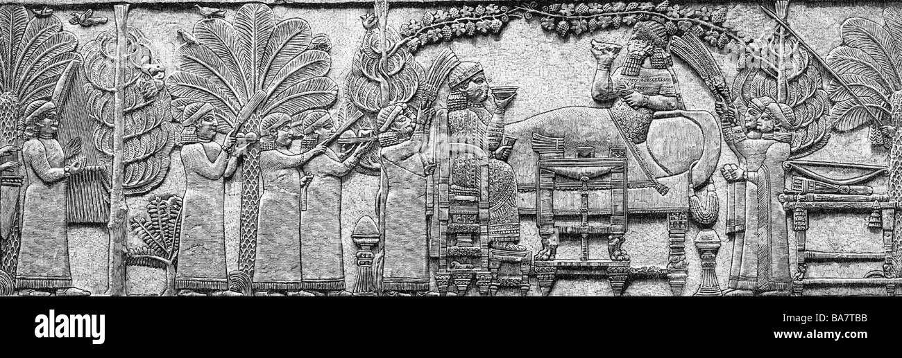 Ashurbanipal, 685 - circa 627 BC, King of Assyria 669 - 631 BC, full length, with his wife, during dinner, wood engraving after relief from harem of Ninive Palace, British Museum, London, Stock Photo