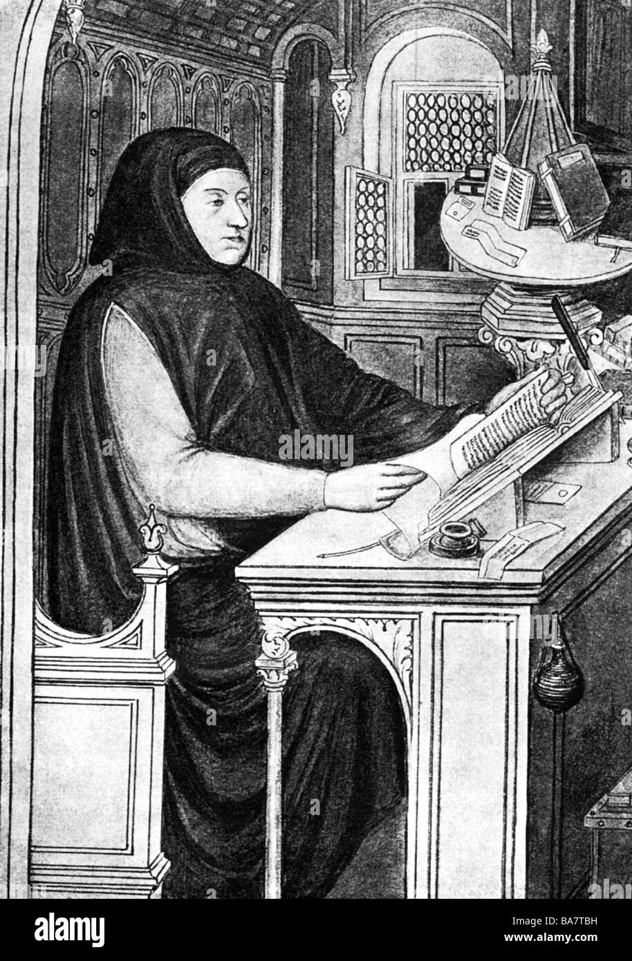 Petrarca, Francesco, 20.7.1304 - 19.7.1374, Italian humanist and author / writer, half length, working, after miniature, late 14th century, Stock Photo