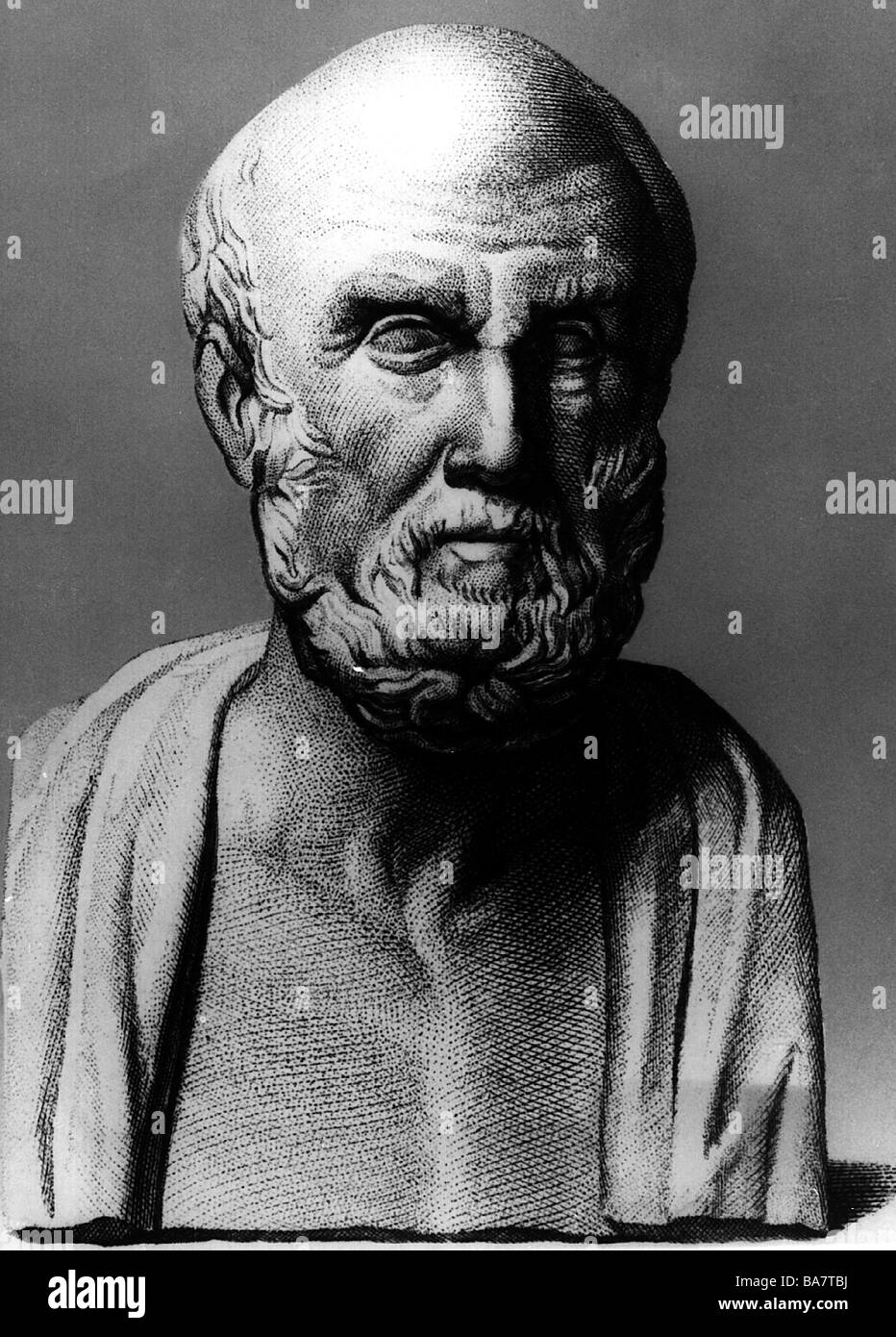 Hippocrates of Cos, circa 460 - circa 377 BC, Greek medic / physician, portrait, engraving after bust, Stock Photo