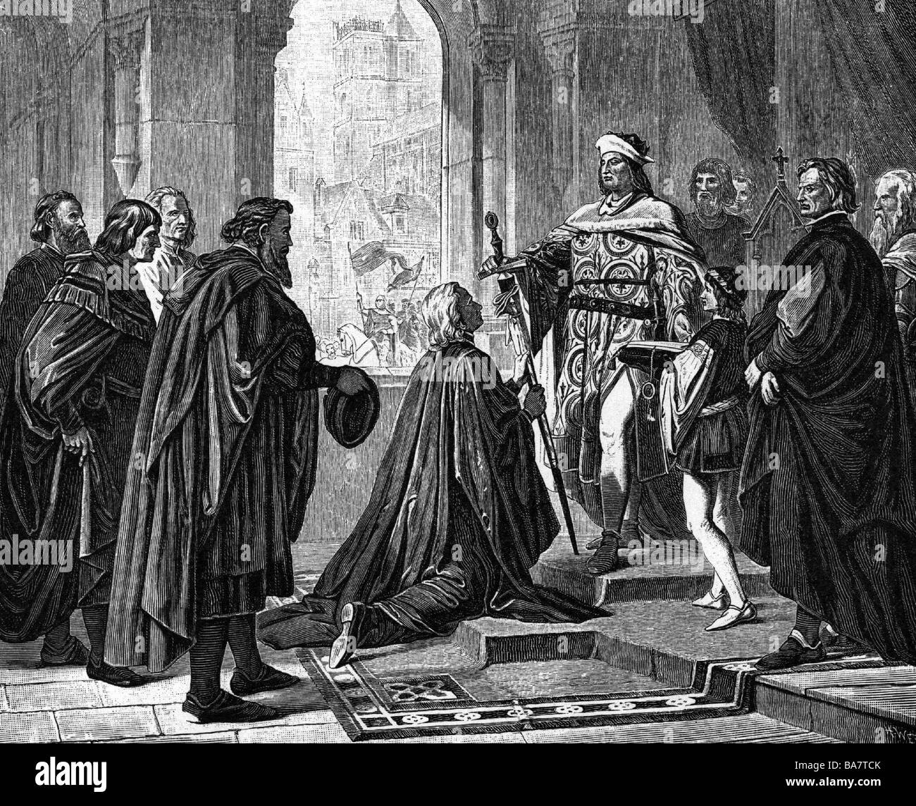 Louis IV "the Bavarian", 1282 - 11.10.1347, Holy Roman Emperor 1328 - 1347, full length, conferring new rights upon Nuremberg, wood engraving, ...