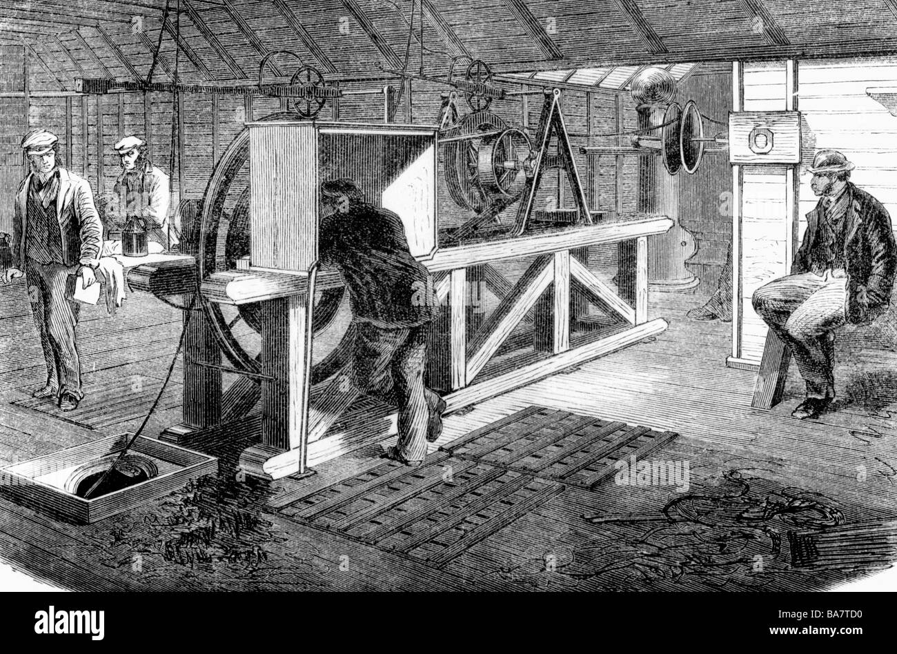 mail / post, telegraphy, transatlantic telegraph cable, machine for cable laying, lower deck of 'Great Eastern', wood engraving, 'Illustrierte Zeitung', Leipzig, 1866, , Stock Photo