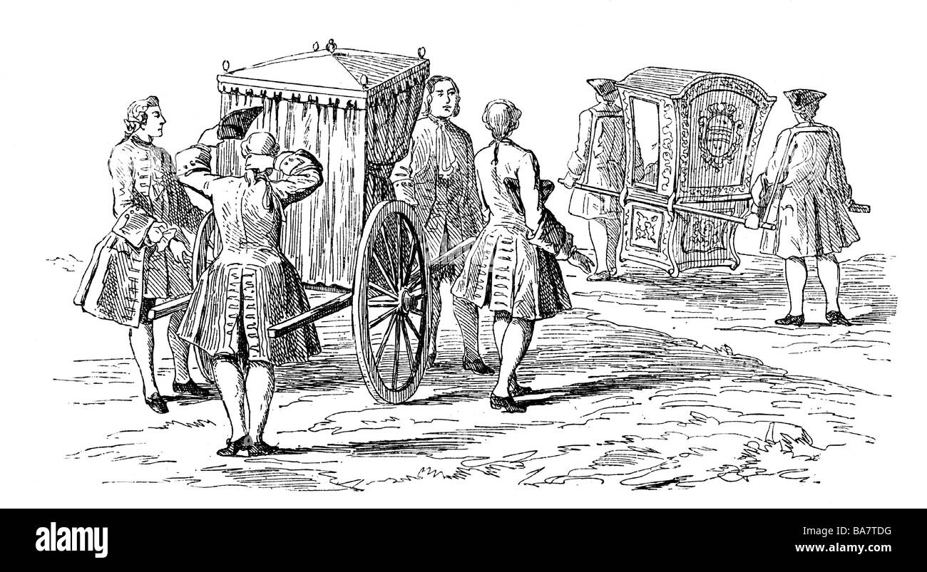 transport / transportation, litter, litters, wood engraving after Hyacinthe Rigaud (1659 - 1743), street, men, carrying, 18th century, historic, historical, people, Stock Photo