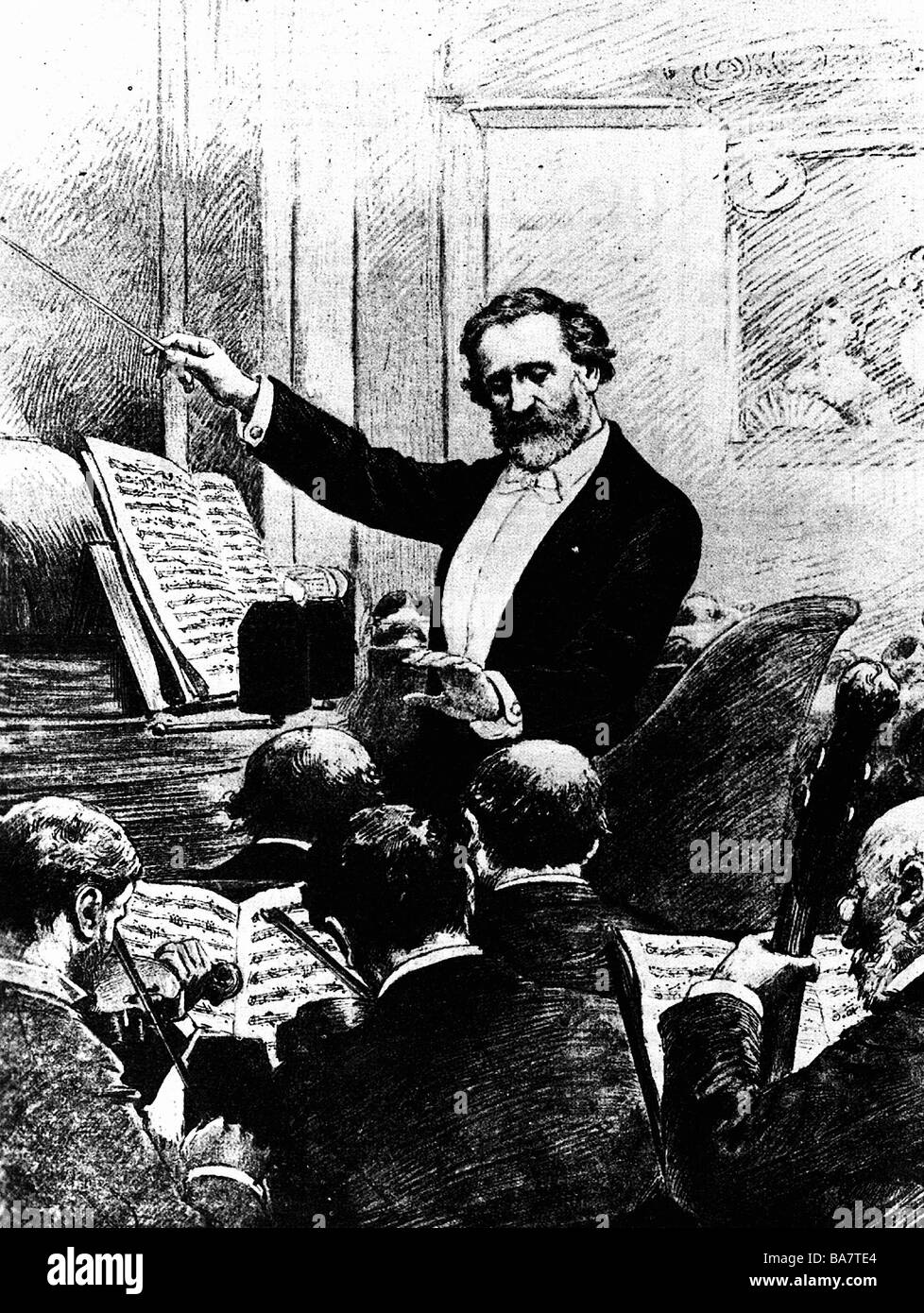 Verdi, Giuseppe, 10.10.1813 - 27.1.1901, Italian composer, half length, conducting, drawing, 19th century, Stock Photo
