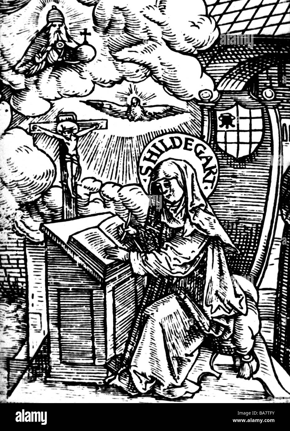 Hildegard of Bingen, circa 1098 - 19.9.1179, German saint, nun, mystic, medieval woodcut, 1524, Stock Photo
