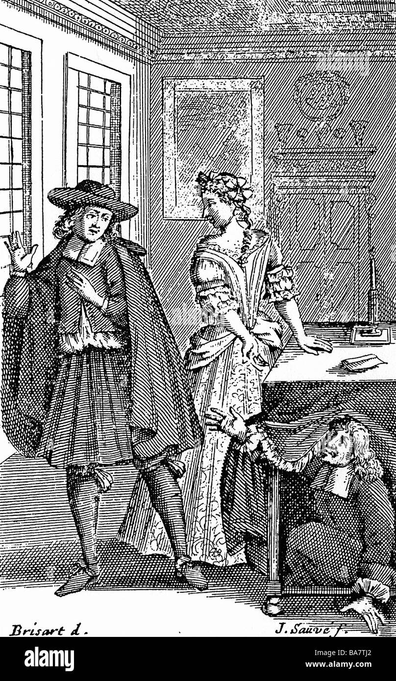 Moliere, 15.1.1622 - 17.2.1673, French author/writer and theatre director, scene from 'Tartuff', contemporary copper engraving, Artist's Copyright has not to be cleared Stock Photo