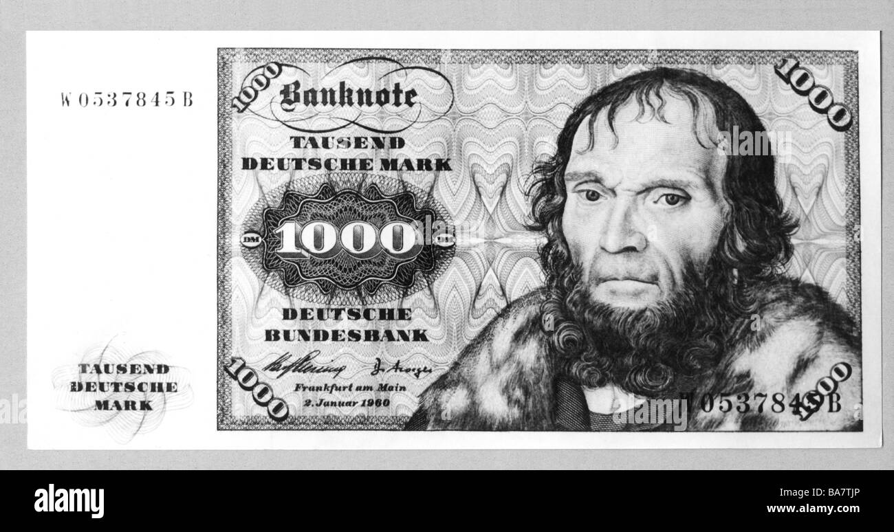 money / finance, banknotes, Germany, 1000 Deutsche Mark, first issue: 1963, Stock Photo