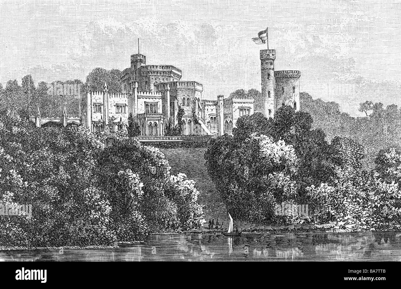 geography / travel, Germany, Potsdam, Babelsberg Castle, built 1835 - 1849 by Karl Friedrich Schinkel, Ludwig Persius and Johann Heinrich Strack, exterior view, wood engraving, circa 1870, Stock Photo