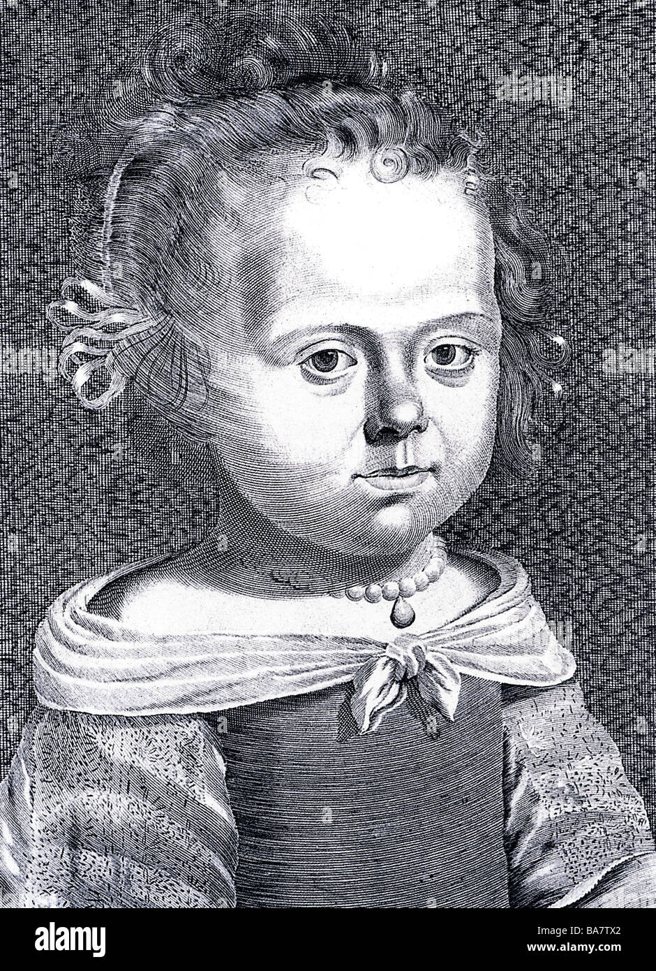 Elizabeth Charlotte, 27.5.1652 - 8.12.1722, Duchess of Orleans 17.11.1671 - 8.6.1701, portrait, as a child, copper engraving by Schweizer, after W. Vaillant, Artist's Copyright has not to be cleared Stock Photo