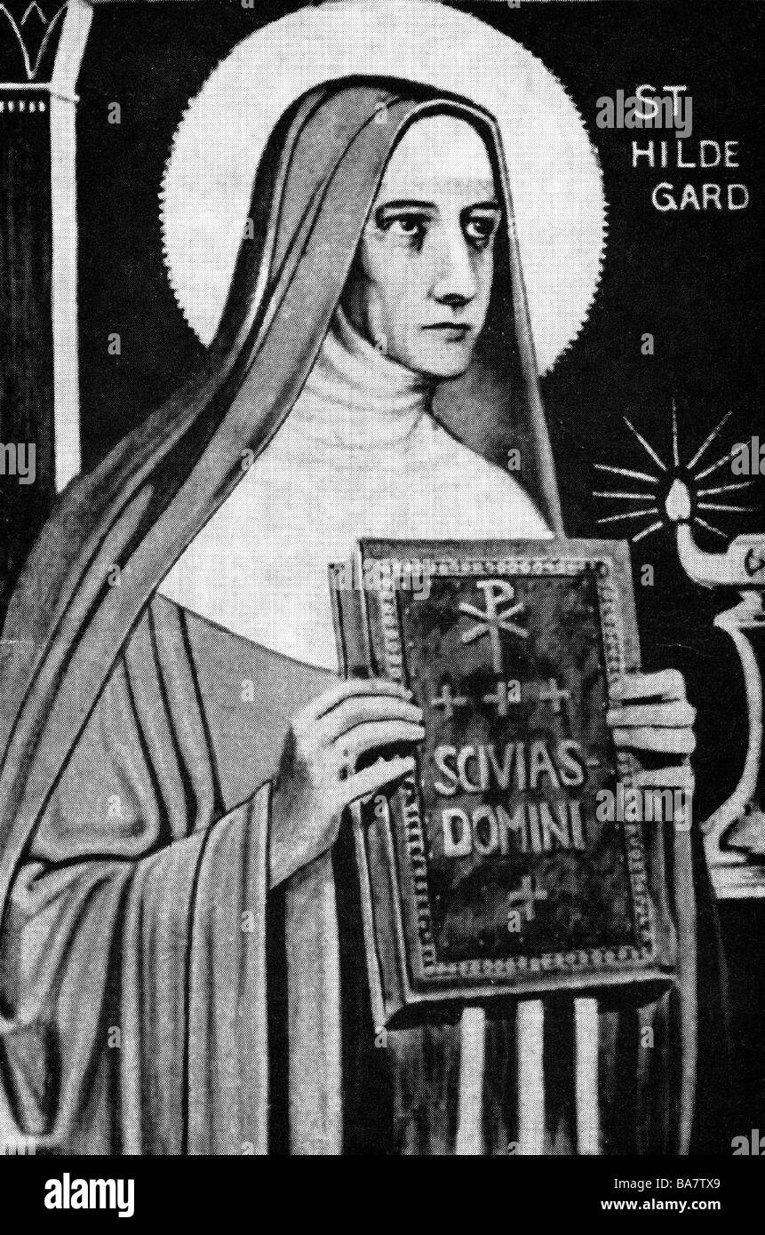 Hildegard of Bingen, circa 1098 - 19.9.1179, German saint, nun, mystic, with book 'Scivias Domini', illustration, 20th century, Stock Photo