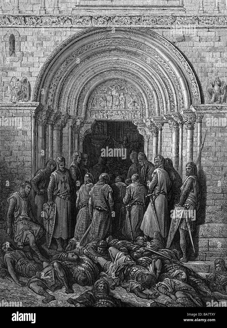 Middle Ages, crusades, First Crusade 1096 - 1099, conquest of Jerusalem, Te Deum after the victory, July 1099, wood engraving by A. Doms after drawing by Gustav Dore, to: Joseph Francois Michaud 'Histoire des croisades', 1875, Artist's Copyright has not to be cleared Stock Photo