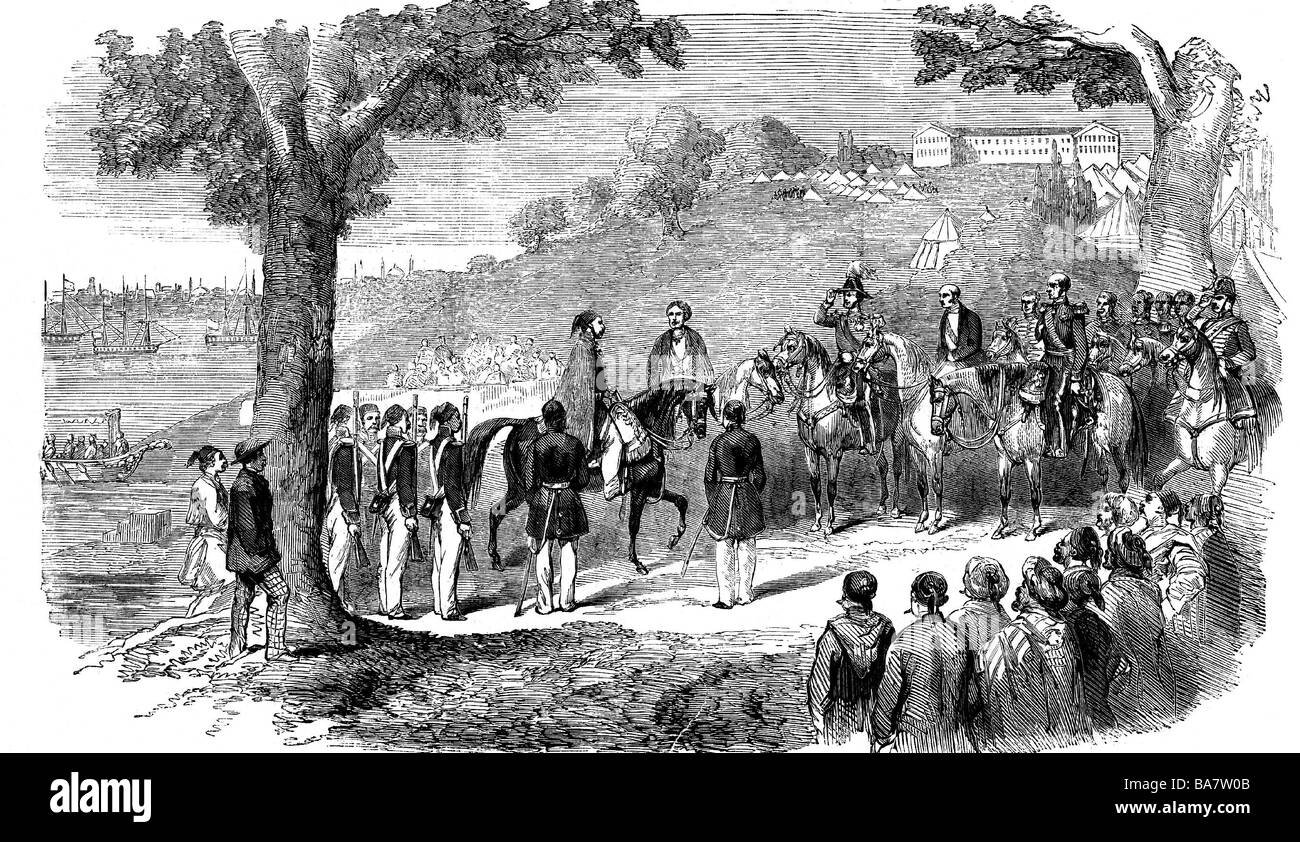 Abdülmecid I, 19.4.1823 - 25.6.1861, Sultan of the Ottoman Empire 1.7.1839 - 25.6.1861, visiting his ally in Skutari, wood engraving, 1854, Stock Photo