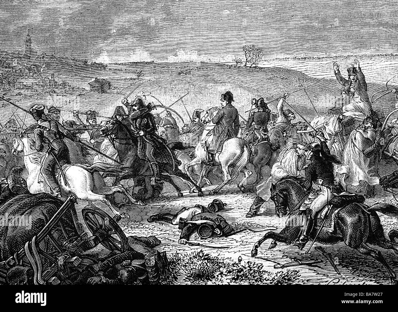 events, War of the Sixth Coalition 1812 - 1814, Russian campaign 1812, Battle of Borodino, 7.9.1812, Cossack attacking French Emperor Napoleon I, wood engraving after Philippoteaux, 19th century, Napoleonic Wars, Russia, Russian cavalry, Bonaparte, staff officers, skirmish, historic, historical, people, Stock Photo