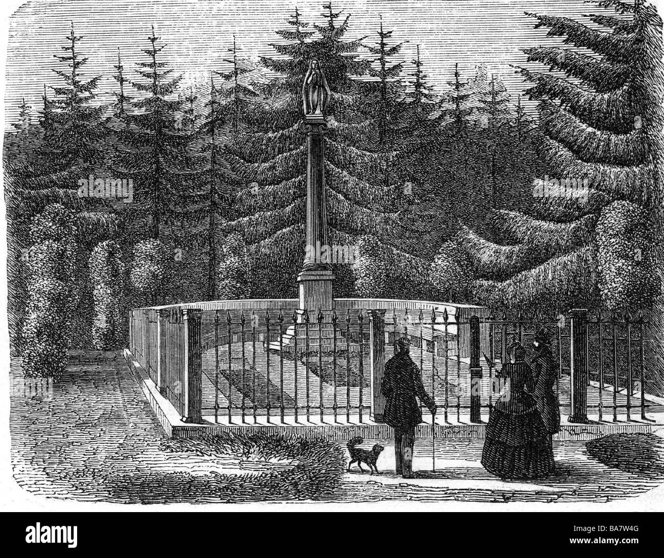 Humboldt, Alexander von, 14.9.1769 - 6.5.1859, German scientist (naturalist and geographer), his tomb in Tegel, wood engraving, 1861, Stock Photo