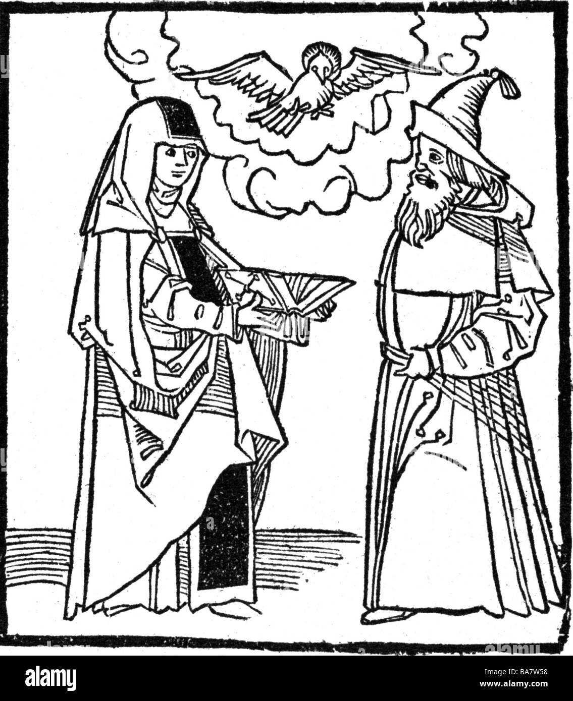 Hildegard of Bingen, circa 1098 - 19.9.1179, German saint, nun, mystic, woodcut, early 16th century, Stock Photo