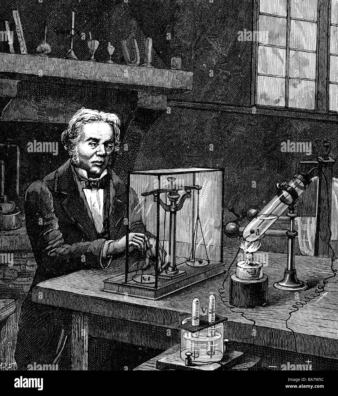 Faraday, Michael, 22.9.1791 - 25.8.1867, British chemist, physicist, half length, in his laboratory, wood engraving, 19th century, Stock Photo