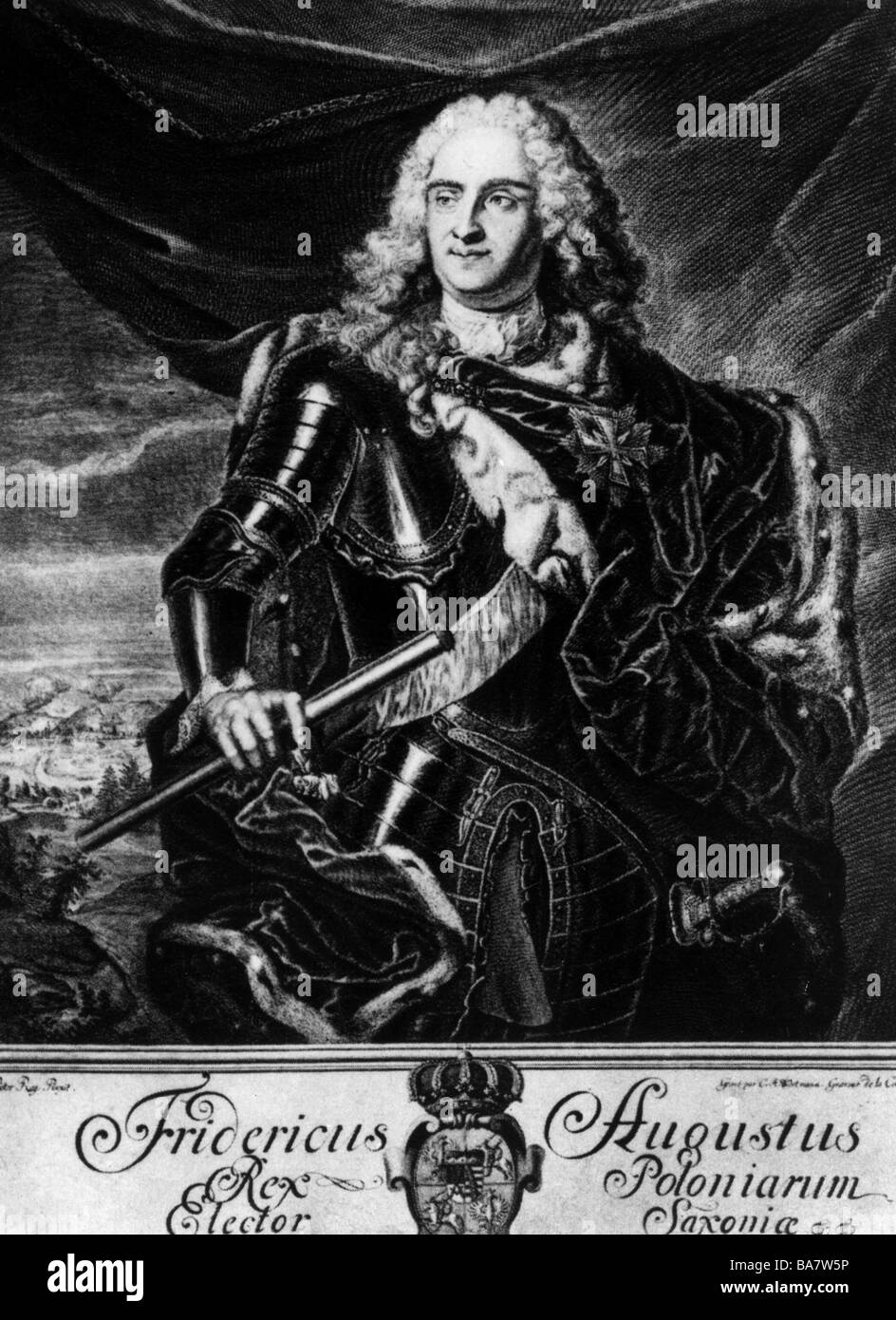 Frederick Augustus I 'the Strong', 12.5.1670 - 1.2.1733, Elector of Saxony since 27.4.1694, King of Poland since 15.9.1697, half length, in armour, contemporaneous copper engraving after painting, Artist's Copyright has not to be cleared Stock Photo