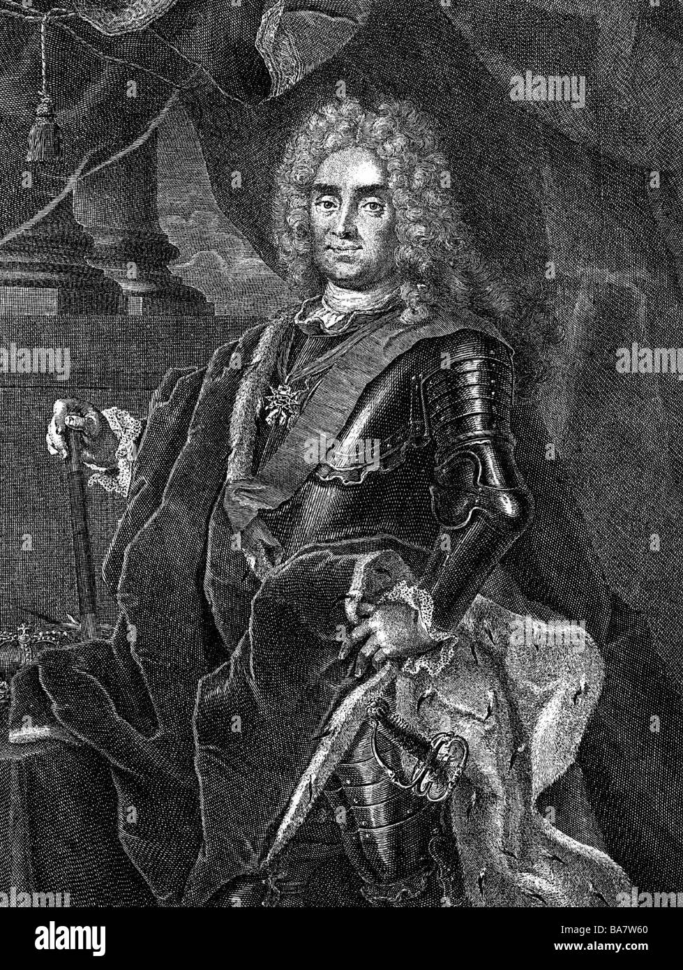 Frederick Augustus I 'the Strong', 12.5.1670 - 1.2.1733, Elector of Saxony since 27.4.1694, King of Poland since 15.9.1697, half length, in armour, copper engraving, by Martin Bernigeroth (1670 - 1733), Artist's Copyright has not to be cleared Stock Photo