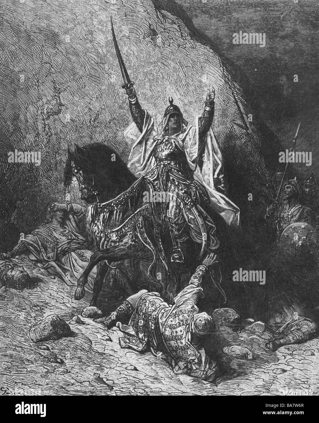 Saladin (Salah ad-din Yussuf Ibn Ayyub), 1137 / 1138 - 4.3.1193, Sultan of Egypt, scene, after the Battle of Hattin, 4.7.1187, wood engraving, 19th century, Stock Photo