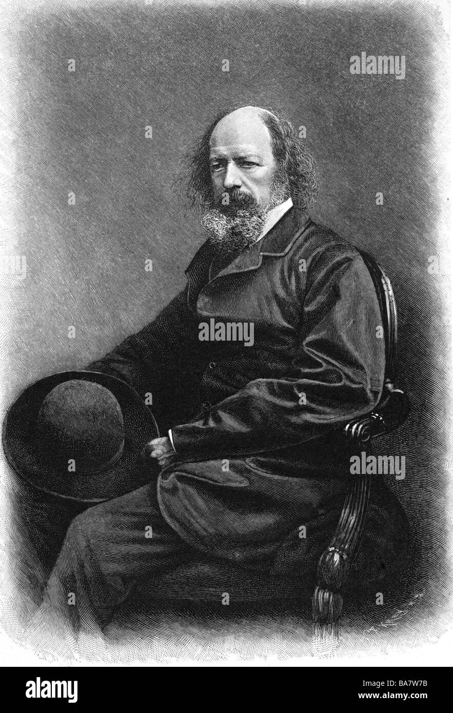 Tennyson, Alfred Lord, 6.8.1809 - 6.10.1892, British author / writer, half length, sitting, wood engraving, 19th century, after photo by Elliot & Fry, London, Stock Photo