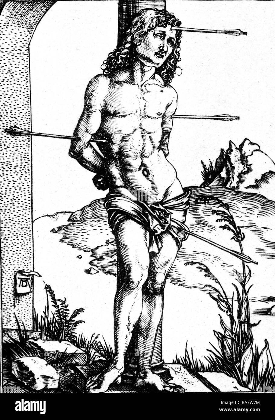 Sebastian, saint, martyr, + circa 288, death, woodcut by Albrecht Duerer (1471 - 1528), 1498 / 1499, Artist's Copyright has not to be cleared Stock Photo