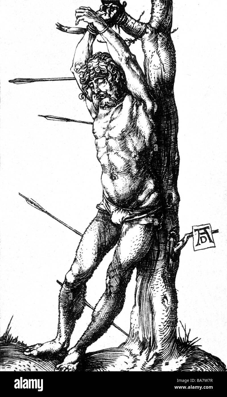 Sebastian, saint, martyr, + circa 288, death, woodcut by Albrecht Duerer (1471 - 1528), early 16th century, Artist's Copyright has not to be cleared Stock Photo