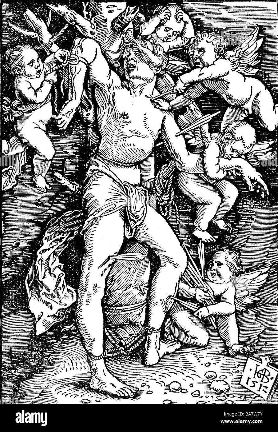 Sebastian, saint, martyr, + circa 288, death, is being freed from the arrows by angels, woodcut by Hans Baldung Grien, 1512, Stock Photo