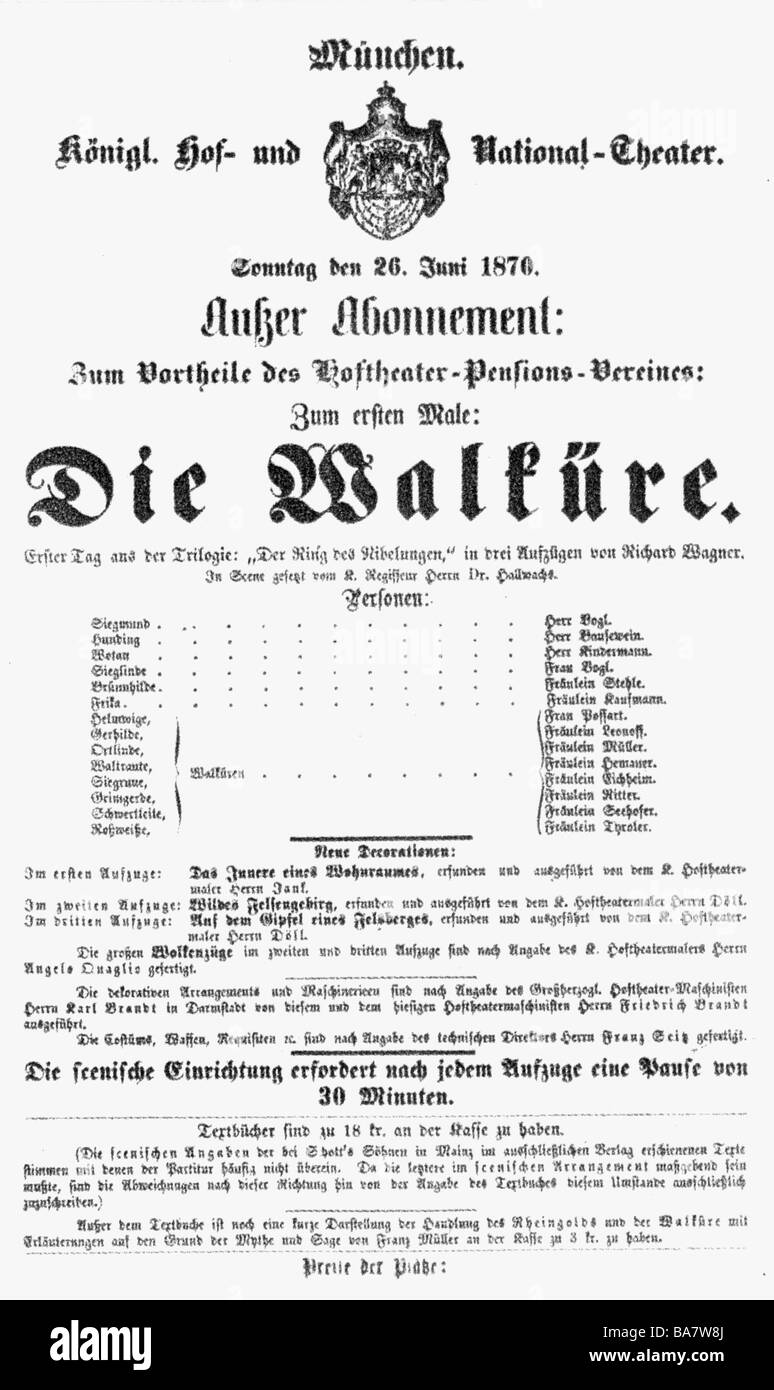 theatre, opera, 'The Valkyrie' (Die Walküre), by Richard Wagner, play bill for the wirld premiere, Royal Court and National Theatre, Munich, 26.6.1870, Stock Photo