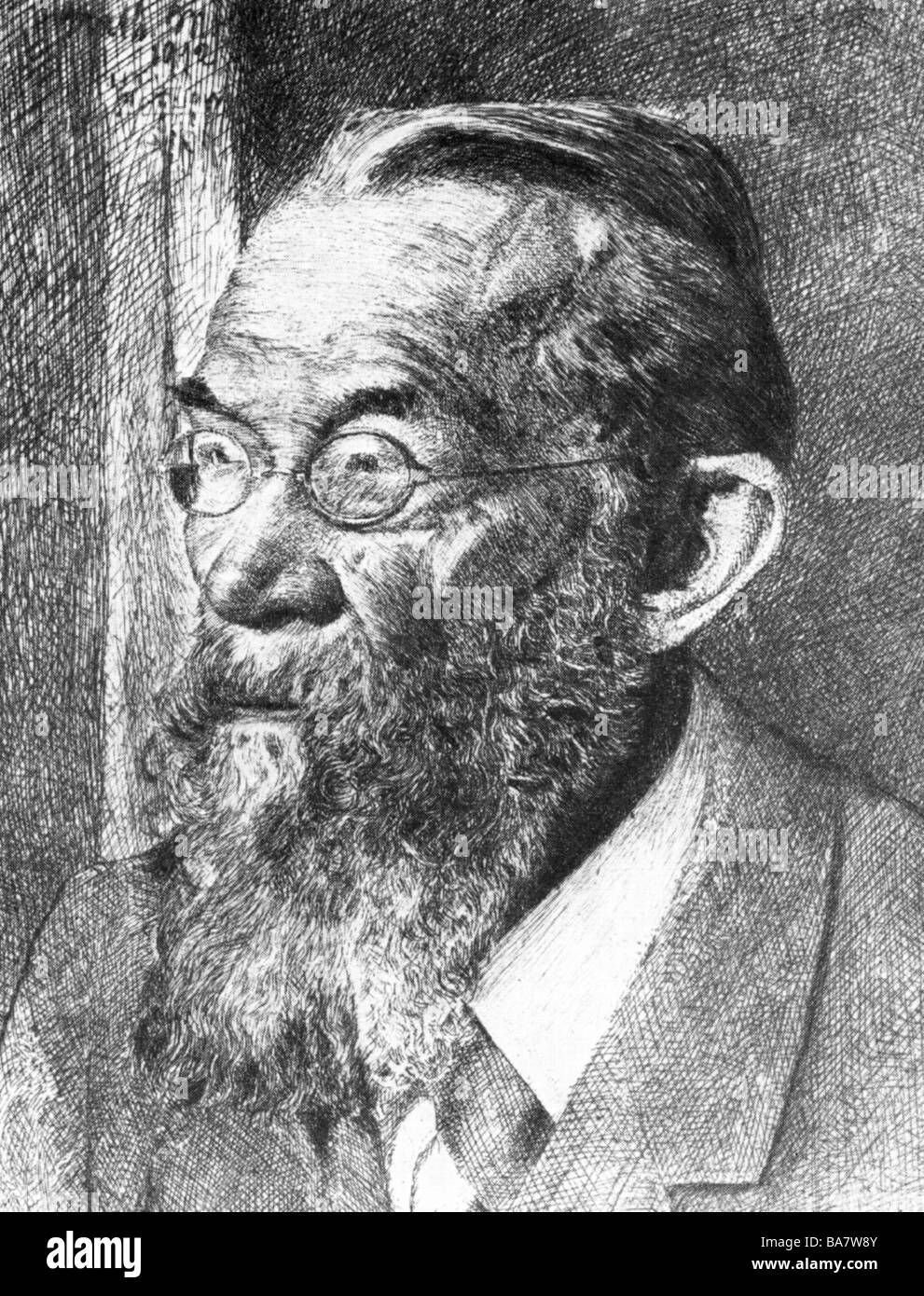 Wundt, Wilhelm, 16.8.1832 - 31.8.1920, German philosopher and psychologist, portrait, etching by Molitor, 1912, Stock Photo