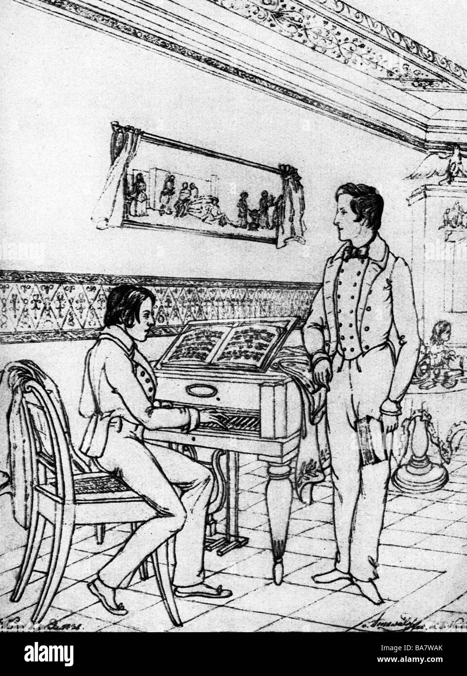 Goethe, Walther Wolfgang von, 9.4.1818 - 15.4.1885, German composer, with brother Wolfgang Maximilian (standing) in the Juno Room, Goethe House, Waimar, drawing by Bernhard von Arnswald, 1838, , Stock Photo