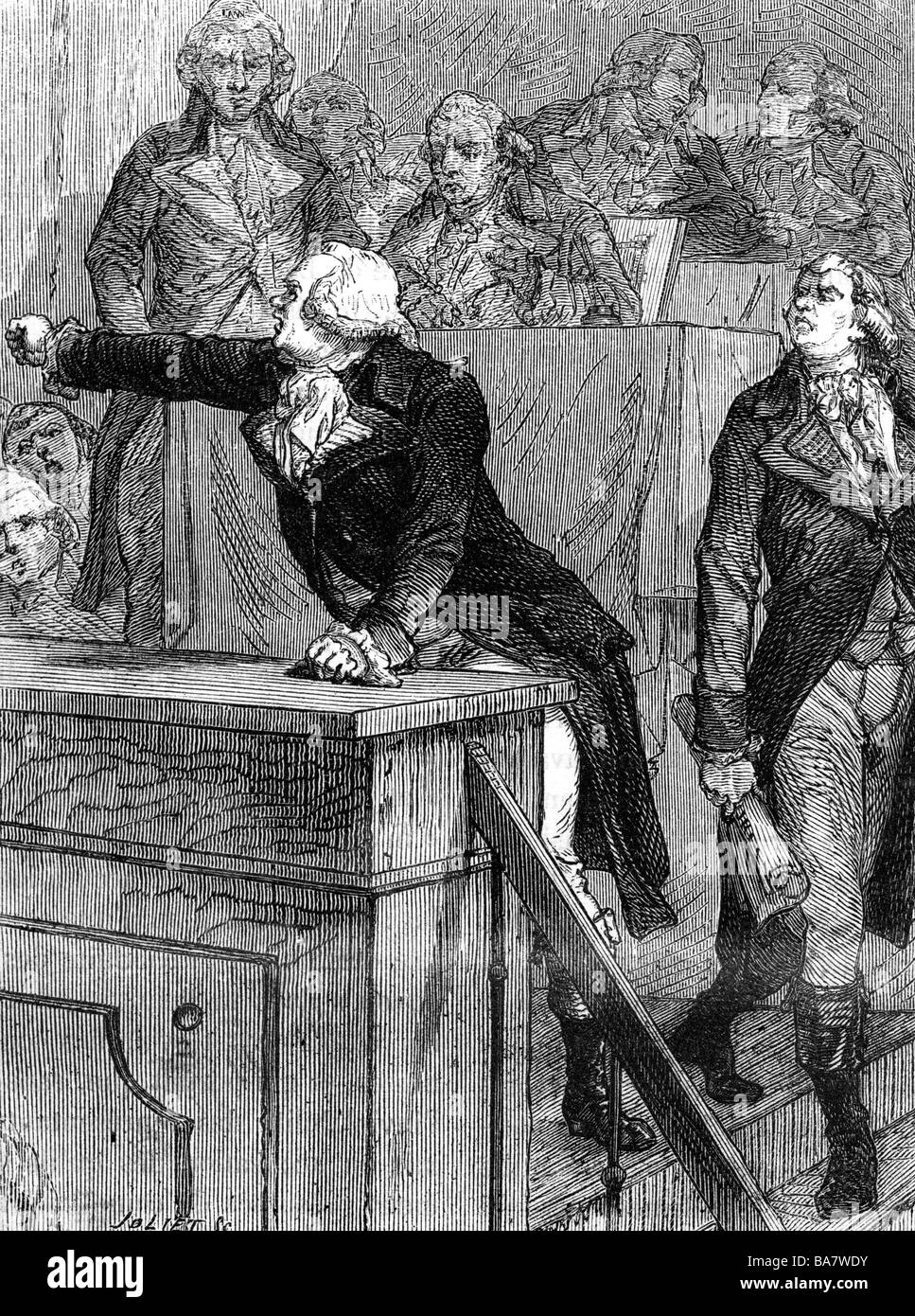 Danton, Georges Jacques, 26.10.1759 - 5.4.1794, French revolutionist, scene, speaking in an assembly, wood engraving, 19th century, Stock Photo