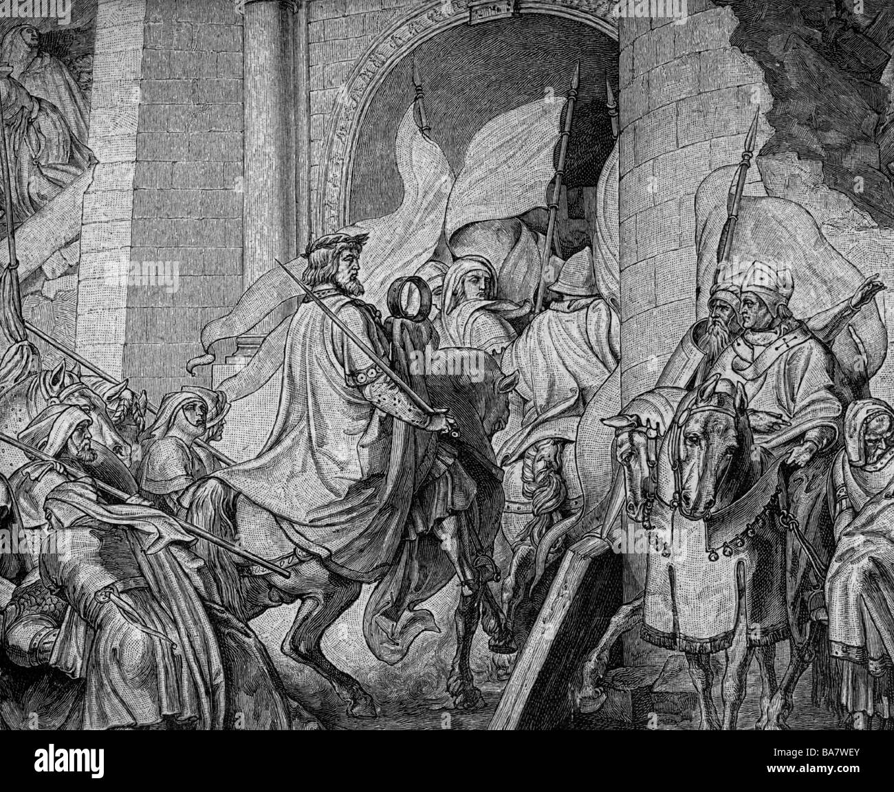 Charlemagne, 2.4.742 - 28.1.814, Holy Roman Emperor  25.12.800 - 28.1.814, King of the Franks 9.10.768 - 28.8.814, entering Pavia 774, wood engraving by Alfred Rethel (1816 - 1859), 19th century, , Stock Photo