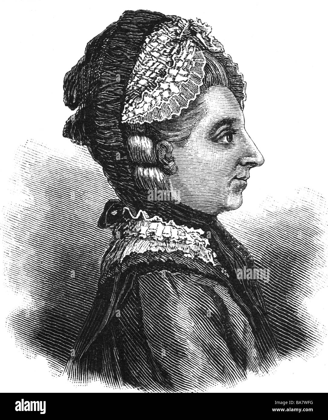 Princess Anna Amalie of Prussia, 9.11.1723 - 30.3.1787, Abbess of Quedlinburg since 1755, portrait, side view, wood engraving, 19th century, after contemporary image, Stock Photo