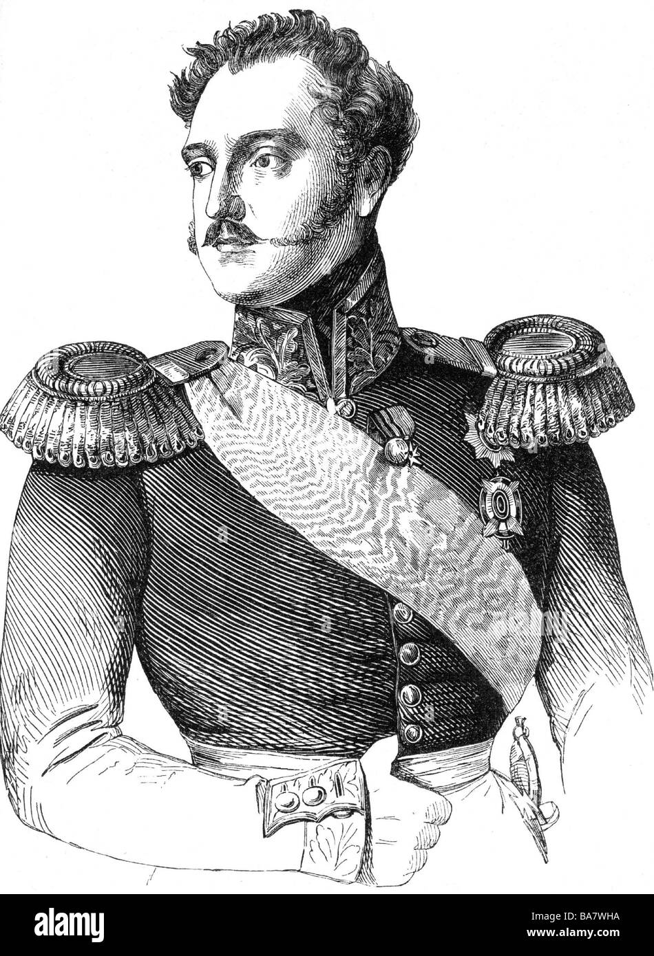 Nicholas I Pavlovich, 6.7.1796 - 2.3.1855, Emperor of Russia 19.11.1825 - 2.3.1855, half length, wood engraving, 19th century, , Stock Photo