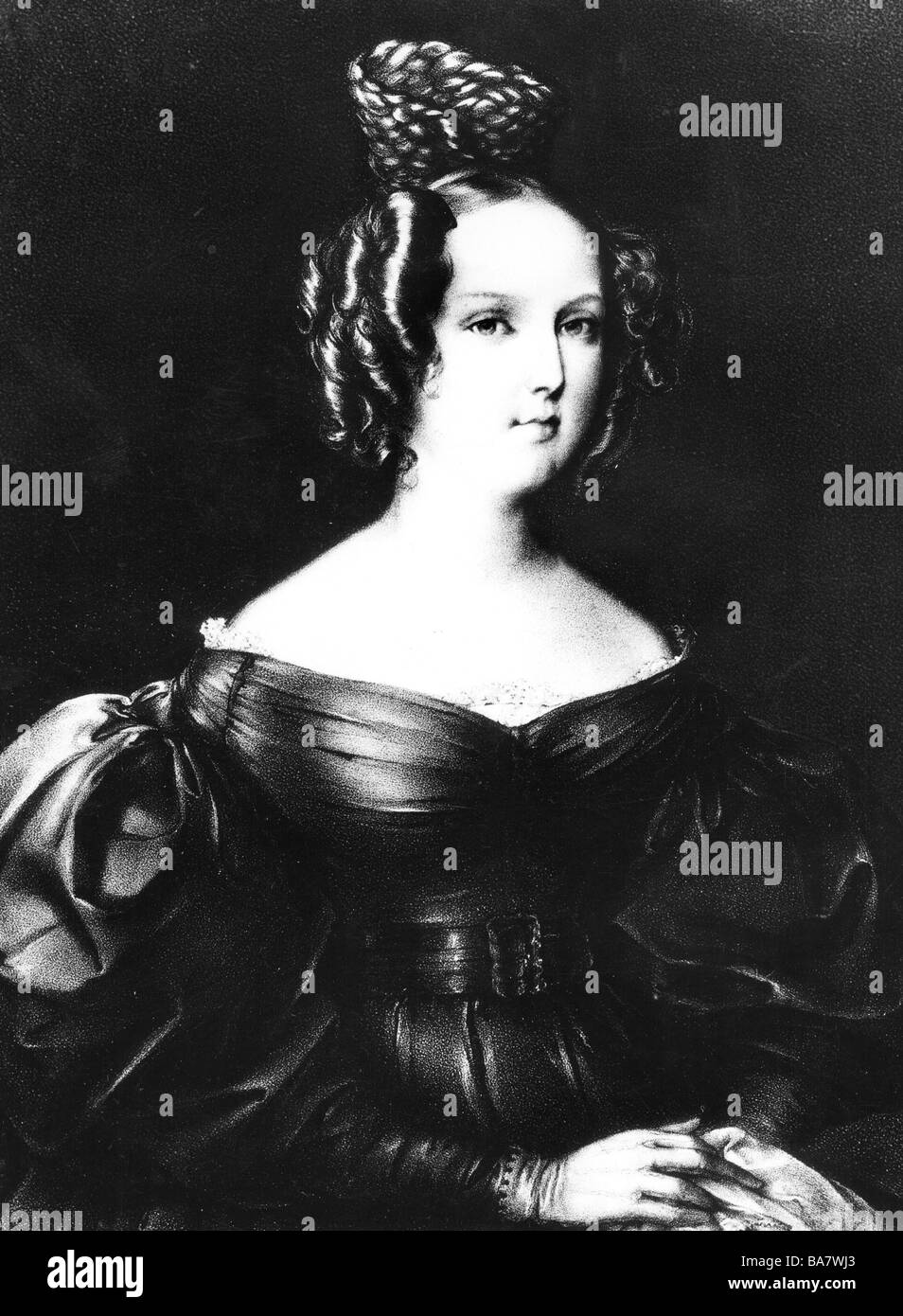 Maria II. 'da Gloria', 4.4.1819 - 15.11.1853, Queen of Portugal 5.5.1826 - 30.6.1828 & 26.5.1834 - 15.11.1853, half length, after lithograph, circa 1830, Stock Photo